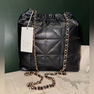 A New Day Black Quilted Drawstring Bag with Gold Chain